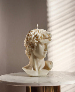 David Greek Candle, Michelangelo Sculpture, Classic Art Decor, Greek Mythology Candle, Renaissance Inspiration, Heroic Statue Candle, Greco-Roman Home Accent, Mythical Sculpted Light, Timeless Masterpiece, Neoclassical Design, Hellenistic Decor, Symbol of Strength, Artistic Home Fragrance
